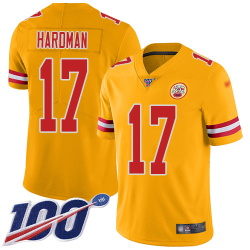 Youth Kansas City Chiefs #17 Hardman Mecole Limited Gold Inverted Legend 100th Season Football Nike NFL Jersey